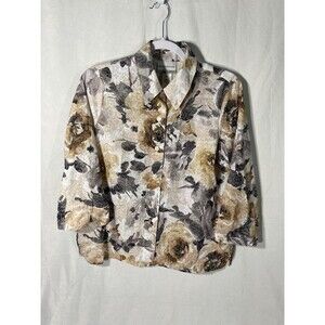 ALFRED DUNNER gray tan floral 3/4 sleeve button up top PS